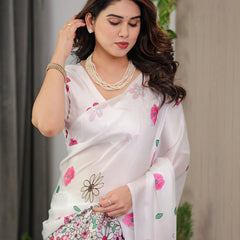 White Satin Georgette Floral Printed Saree with Pink Blossom Border & Attached Blouse – Elegant Lightweight Designer Drape