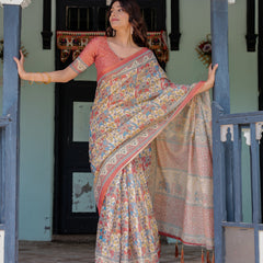 Rust Beige Handloom Cotton Saree with Vibrant Elephant Parade Print & Red Floral Pallu