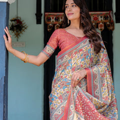 Rust Beige Handloom Cotton Saree with Vibrant Elephant Parade Print & Red Floral Pallu