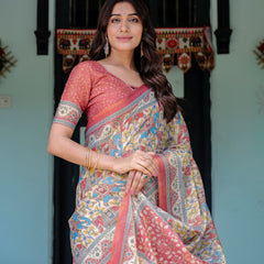 Rust Beige Handloom Cotton Saree with Vibrant Elephant Parade Print & Red Floral Pallu