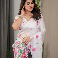 White Satin Georgette Floral Printed Saree with Pink Blossom Border & Attached Blouse – Elegant Lightweight Designer Drape