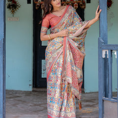 Rust Beige Handloom Cotton Saree with Vibrant Elephant Parade Print & Red Floral Pallu