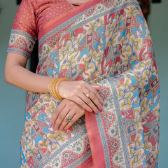 Rust Beige Handloom Cotton Saree with Vibrant Elephant Parade Print & Red Floral Pallu