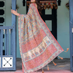 Rust Beige Handloom Cotton Saree with Vibrant Elephant Parade Print & Red Floral Pallu