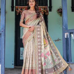 Ivory Brown Handloom Cotton Saree with Classical Dancer Motifs & Madhubani-Inspired Pallu