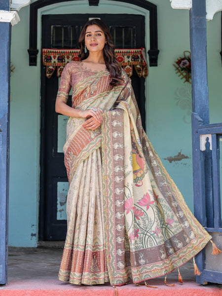 Ivory Brown Handloom Cotton Saree with Classical Dancer Motifs & Madhubani-Inspired Pallu