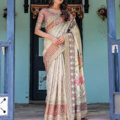Ivory Brown Handloom Cotton Saree with Classical Dancer Motifs & Madhubani-Inspired Pallu