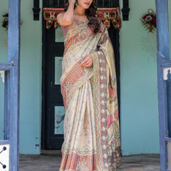 Ivory Brown Handloom Cotton Saree with Classical Dancer Motifs & Madhubani-Inspired Pallu