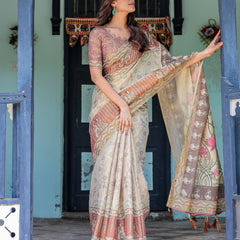 Ivory Brown Handloom Cotton Saree with Classical Dancer Motifs & Madhubani-Inspired Pallu