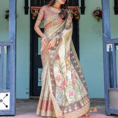 Ivory Brown Handloom Cotton Saree with Classical Dancer Motifs & Madhubani-Inspired Pallu