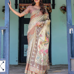Ivory Brown Handloom Cotton Saree with Classical Dancer Motifs & Madhubani-Inspired Pallu