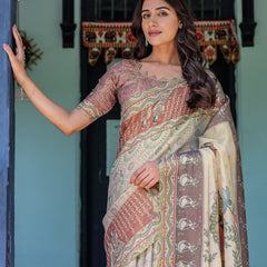 Ivory Brown Handloom Cotton Saree with Classical Dancer Motifs & Madhubani-Inspired Pallu