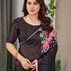 Black Satin Georgette Floral Printed Saree with Soft Pink Border & Attached Blouse – Elegant Designer Partywear Drape
