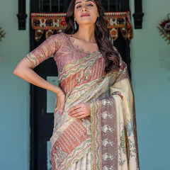 Ivory Brown Handloom Cotton Saree with Classical Dancer Motifs & Madhubani-Inspired Pallu
