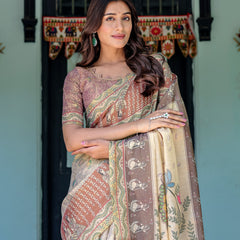 Ivory Brown Handloom Cotton Saree with Classical Dancer Motifs & Madhubani-Inspired Pallu