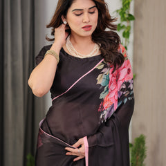 Black Satin Georgette Floral Printed Saree with Soft Pink Border & Attached Blouse – Elegant Designer Partywear Drape