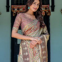 Ivory Brown Handloom Cotton Saree with Classical Dancer Motifs & Madhubani-Inspired Pallu