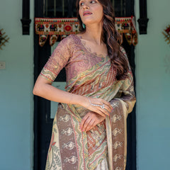 Ivory Brown Handloom Cotton Saree with Classical Dancer Motifs & Madhubani-Inspired Pallu
