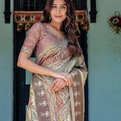 Ivory Brown Handloom Cotton Saree with Classical Dancer Motifs & Madhubani-Inspired Pallu