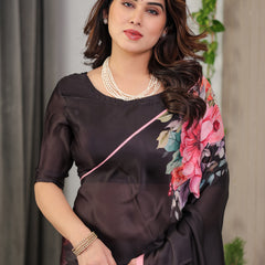Black Satin Georgette Floral Printed Saree with Soft Pink Border & Attached Blouse – Elegant Designer Partywear Drape
