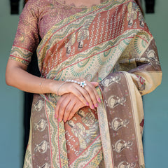 Ivory Brown Handloom Cotton Saree with Classical Dancer Motifs & Madhubani-Inspired Pallu