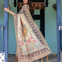 Ivory Brown Handloom Cotton Saree with Classical Dancer Motifs & Madhubani-Inspired Pallu