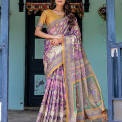 Royal Violet Handloom Cotton Saree with Cow Motifs & Temple Pallu Art