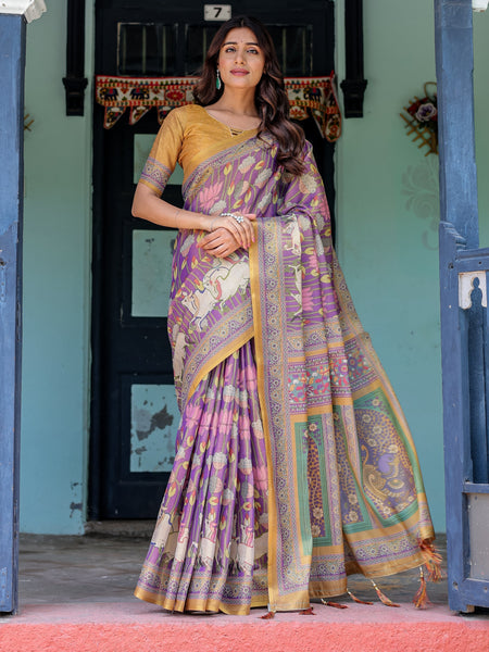Royal Violet Handloom Cotton Saree with Cow Motifs & Temple Pallu Art