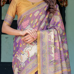 Royal Violet Handloom Cotton Saree with Cow Motifs & Temple Pallu Art