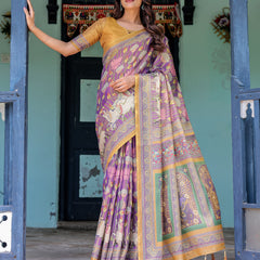Royal Violet Handloom Cotton Saree with Cow Motifs & Temple Pallu Art