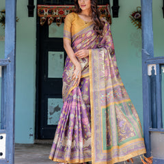 Royal Violet Handloom Cotton Saree with Cow Motifs & Temple Pallu Art