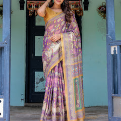 Royal Violet Handloom Cotton Saree with Cow Motifs & Temple Pallu Art