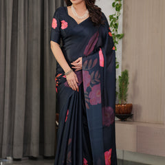 Midnight Navy Blue Satin Georgette Floral Printed Saree with Attached Blouse – Elegant Rose Bloom Designer Drape