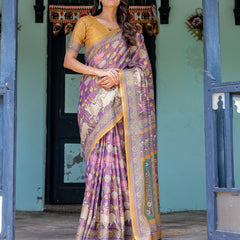Royal Violet Handloom Cotton Saree with Cow Motifs & Temple Pallu Art