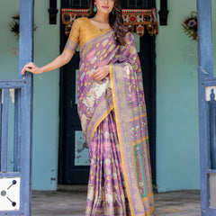 Royal Violet Handloom Cotton Saree with Cow Motifs & Temple Pallu Art