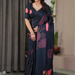 Midnight Navy Blue Satin Georgette Floral Printed Saree with Attached Blouse – Elegant Rose Bloom Designer Drape