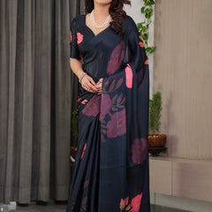Midnight Navy Blue Satin Georgette Floral Printed Saree with Attached Blouse – Elegant Rose Bloom Designer Drape