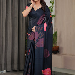 Midnight Navy Blue Satin Georgette Floral Printed Saree with Attached Blouse – Elegant Rose Bloom Designer Drape