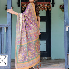 Royal Violet Handloom Cotton Saree with Cow Motifs & Temple Pallu Art