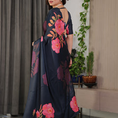 Midnight Navy Blue Satin Georgette Floral Printed Saree with Attached Blouse – Elegant Rose Bloom Designer Drape