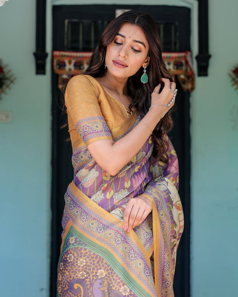 Royal Violet Handloom Cotton Saree with Cow Motifs & Temple Pallu Art