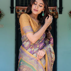 Royal Violet Handloom Cotton Saree with Cow Motifs & Temple Pallu Art
