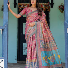 Rosewood Red Handloom Cotton Saree with Artistic Fish Pallu & Floral Vine Print