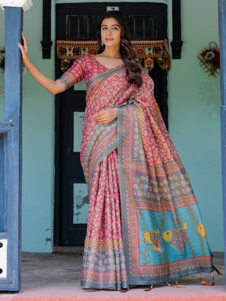 Rosewood Red Handloom Cotton Saree with Artistic Fish Pallu & Floral Vine Print