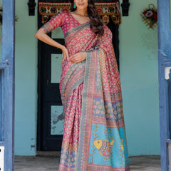 Rosewood Red Handloom Cotton Saree with Artistic Fish Pallu & Floral Vine Print