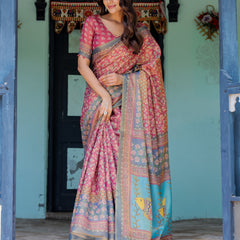 Rosewood Red Handloom Cotton Saree with Artistic Fish Pallu & Floral Vine Print