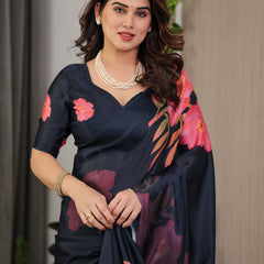 Midnight Navy Blue Satin Georgette Floral Printed Saree with Attached Blouse – Elegant Rose Bloom Designer Drape