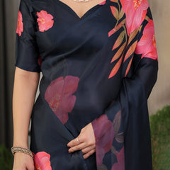 Midnight Navy Blue Satin Georgette Floral Printed Saree with Attached Blouse – Elegant Rose Bloom Designer Drape