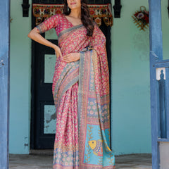 Rosewood Red Handloom Cotton Saree with Artistic Fish Pallu & Floral Vine Print