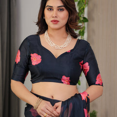 Midnight Navy Blue Satin Georgette Floral Printed Saree with Attached Blouse – Elegant Rose Bloom Designer Drape